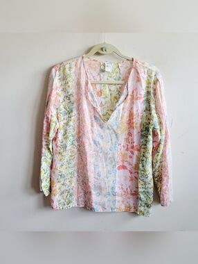 Hartford Pastel Patchwork V-Neck Top in Pink, Blue, Green